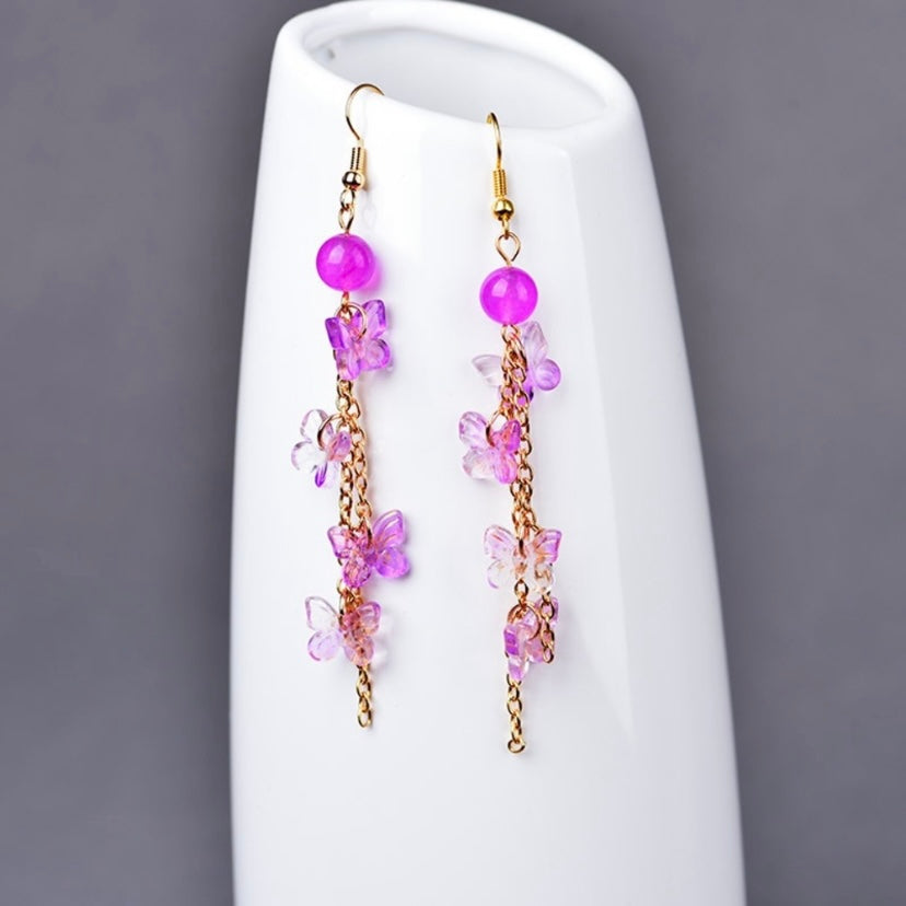 Purple Butterfly Dangle Drop Earrings for Women,Long Tassel Butterfly Earrings