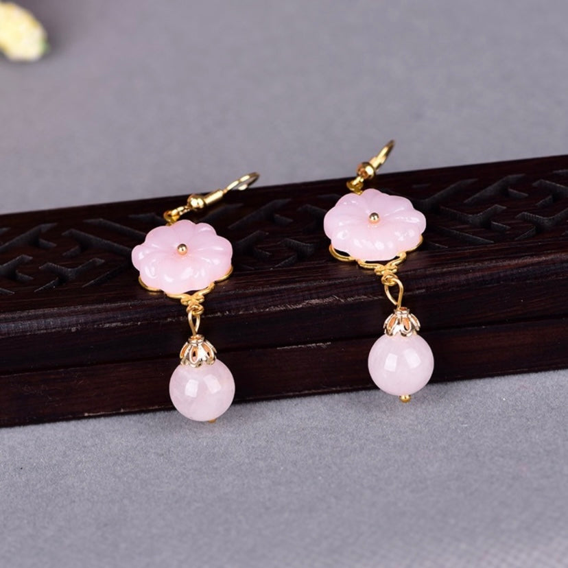 18K Gold Plated Pink Agate Flower Dangle Drop Earrings for Women