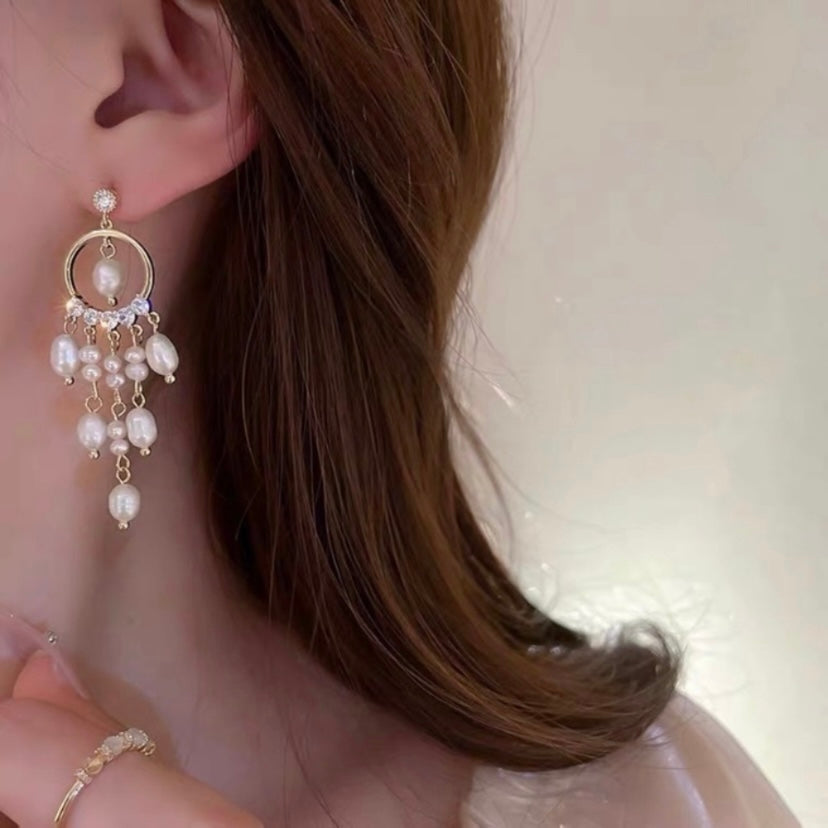White Pearl Long Dangle Drop Earrings for Women