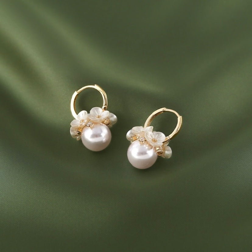 Flower White Pearl Dangle Drop Earrings for Women