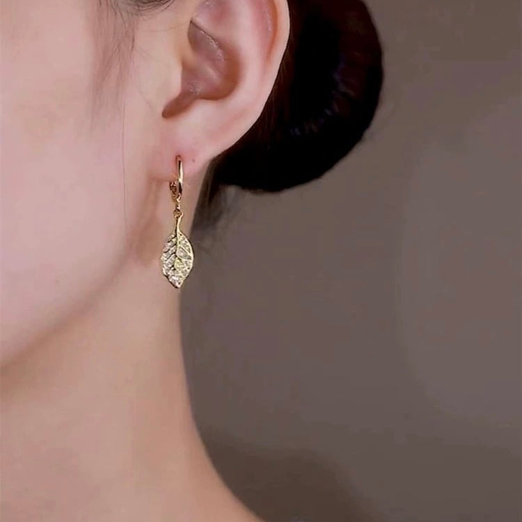 18 Gold Plated CZ Cubic Zirconia Leaf Dangle Drop Earrings for Women