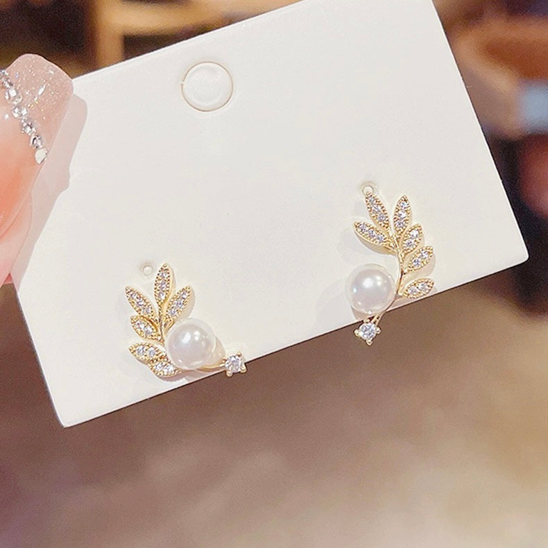 CZ Cubic Zirconia Leaf White Pearl Stud Earrings for Women