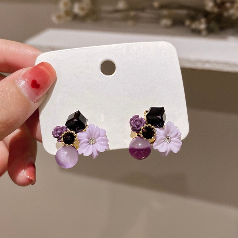Purple Crystal Flower Stud Earrings for Women,Flower Earrings