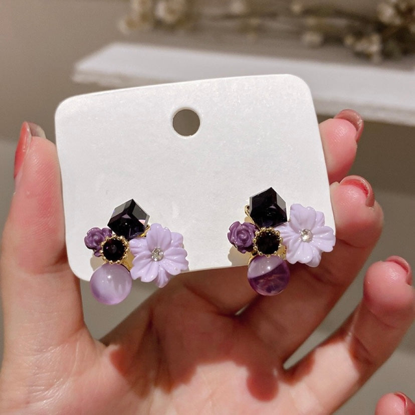 Purple Crystal Flower Stud Earrings for Women,Flower Earrings