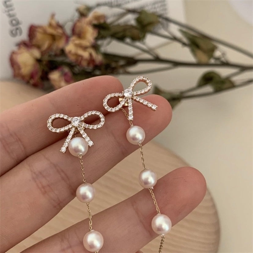 Elegant Bow White Pearl Dangle Drop Earrings for Women