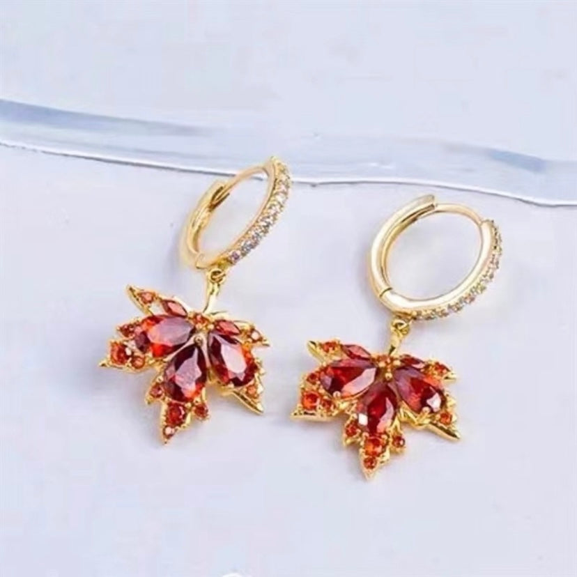 18K Gold Plated Crystal Maple Leaf Dangle Drop Earrings for Women