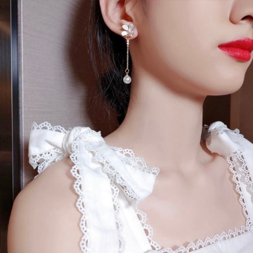 White Pearl Tassel Dangle Drop Earrings for Women