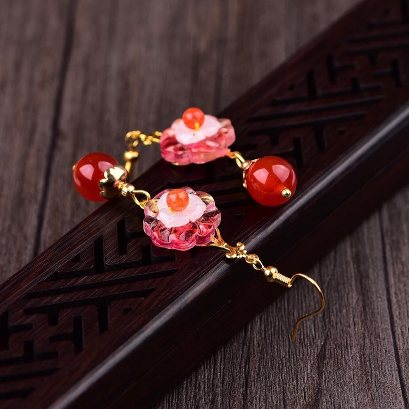 18K Gold Plated Red Agate Flower Dangle Drop Earrings for Women