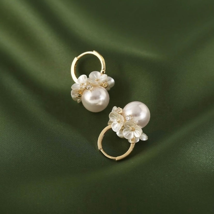 Flower White Pearl Dangle Drop Earrings for Women