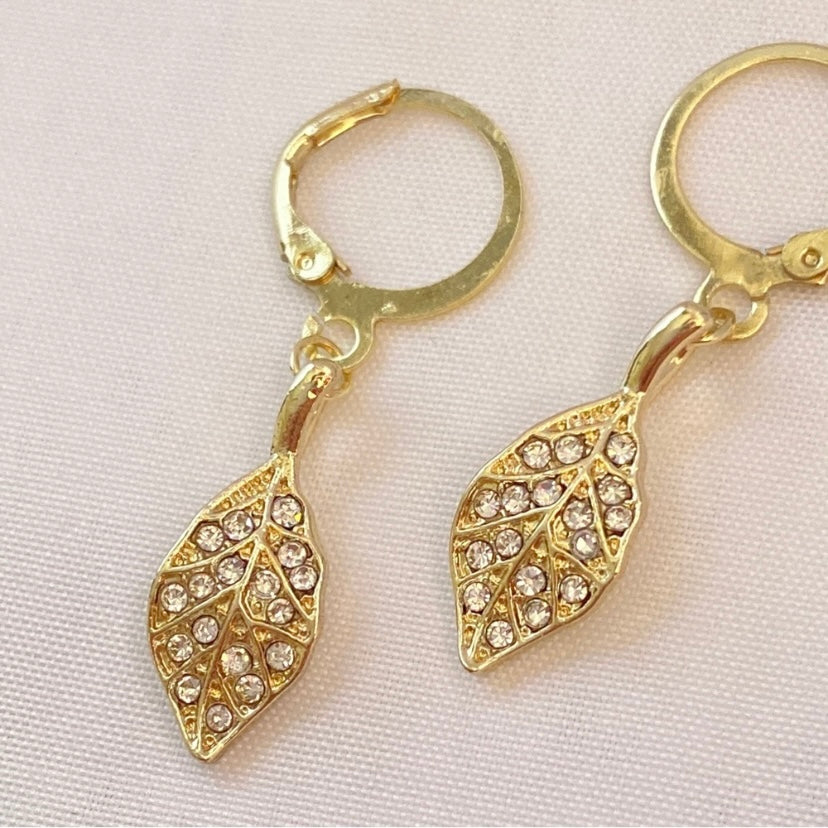 18 Gold Plated CZ Cubic Zirconia Leaf Dangle Drop Earrings for Women