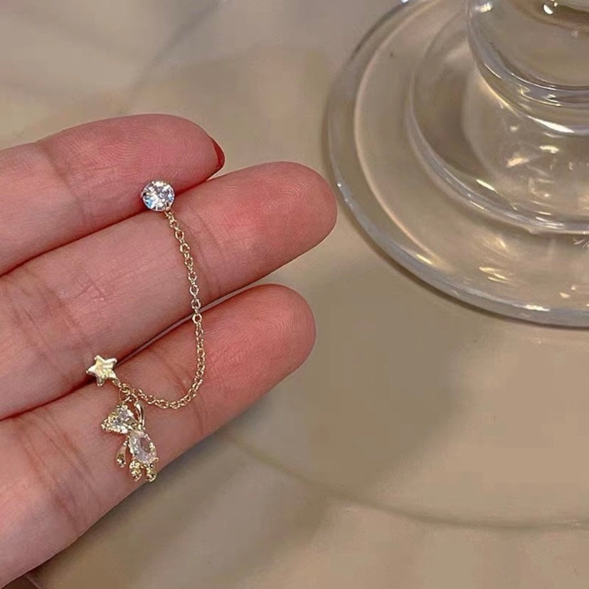 18K Gold Plated Double Pierced Holes Crystal Bear Dangle Drop Earrings for Women