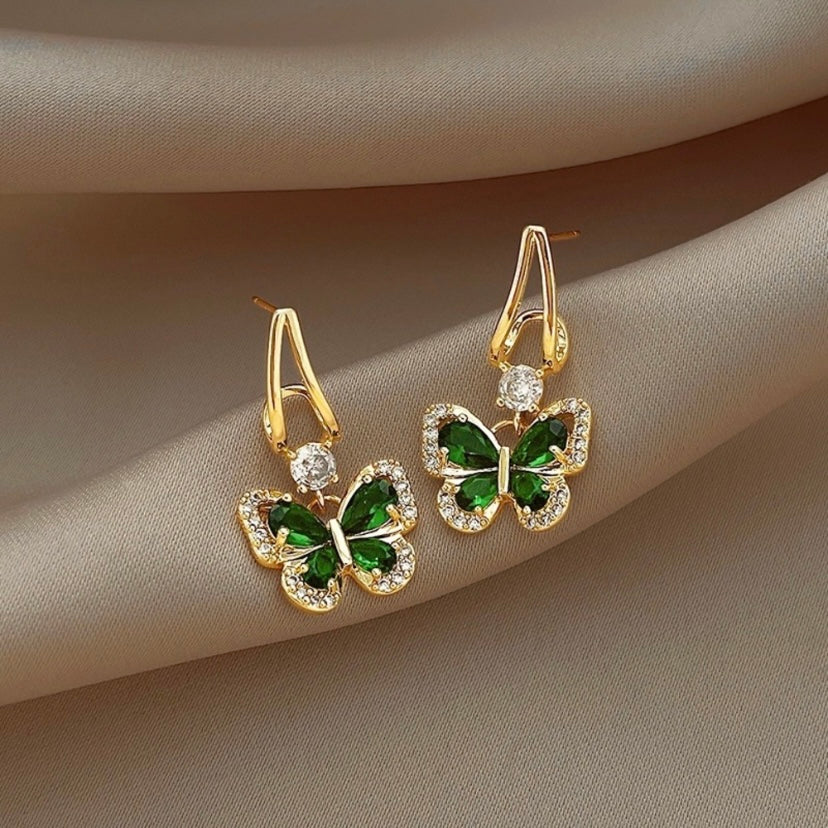 18K Gold Plated Green Crystal Butterfly Dangle Drop Earrings for Women
