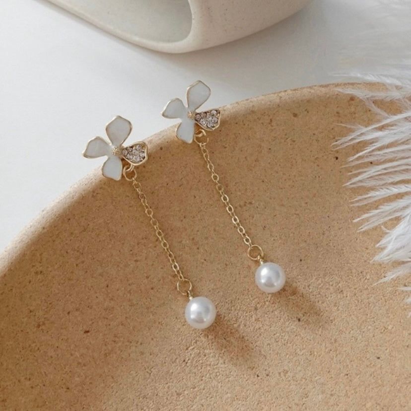 White Pearl Tassel Dangle Drop Earrings for Women