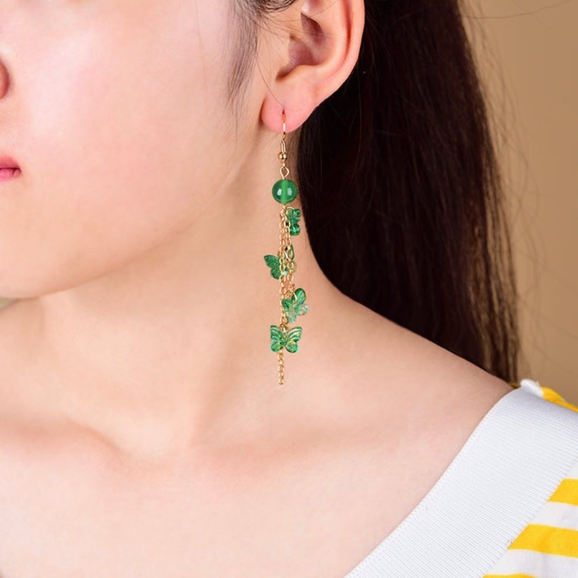 Green Butterfly Dangle Drop Earrings for Women,Long Tassel Butterfly Earrings