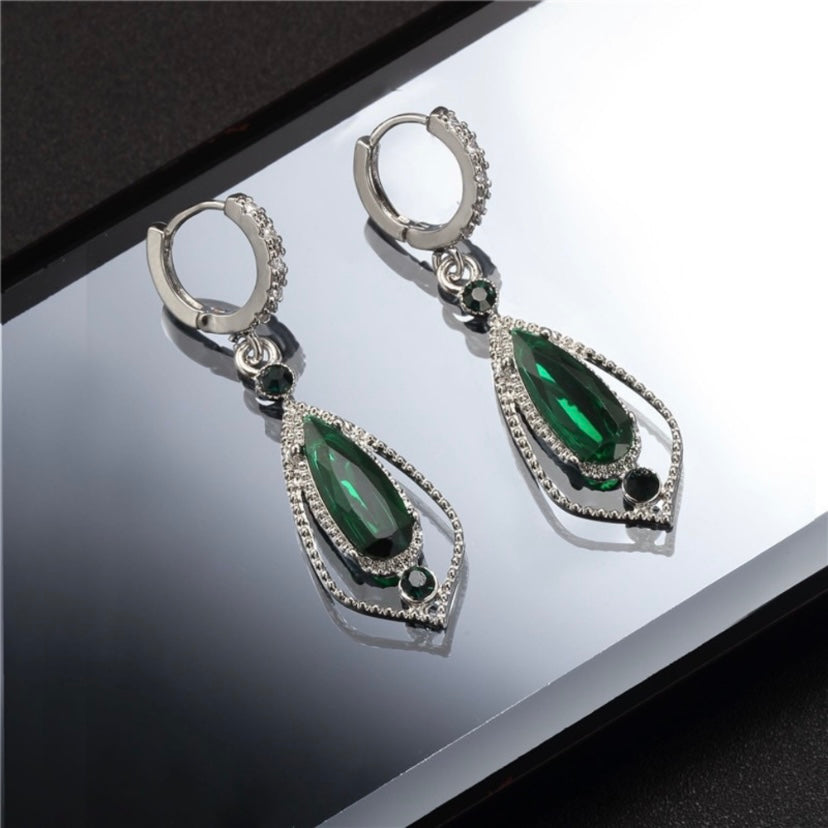 925 Silver Plated Luxury Emerald Dangle Drop Earrings for Women