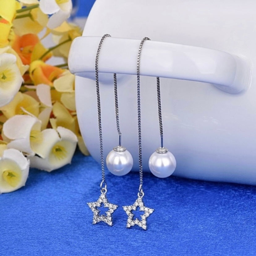 18K White Gold Plated Pearl Star Long Tassel Drop Threader Earrings for Women