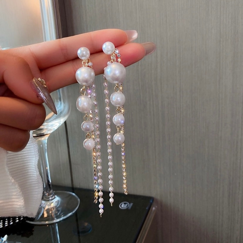 Elegant White Pearl Dangle Drop Earrings for Women,CZ Tassel Pearl Earrings