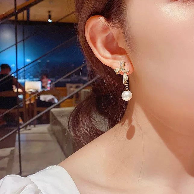 Bow White Pearl Drop Dangle Earrings for Women