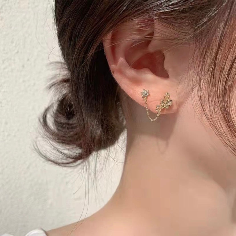 18K Gold Plated Double Pierced Holes Tassel Butterfly Stud Earrings for Women