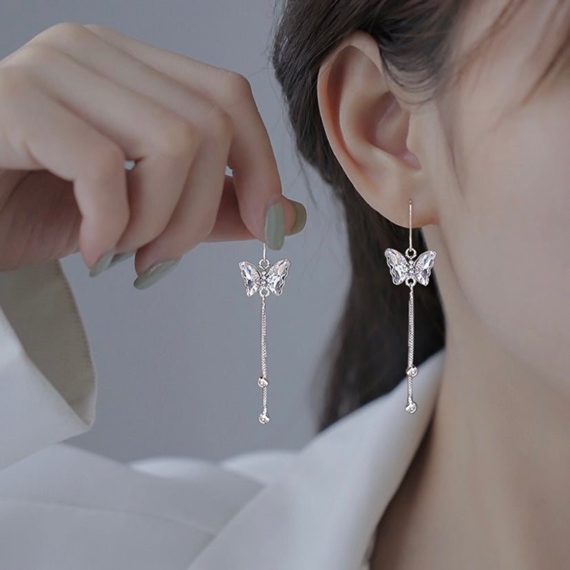 925 Silver Plated Tassel Crystal Butterfly Dangle Drop Earrings for Women