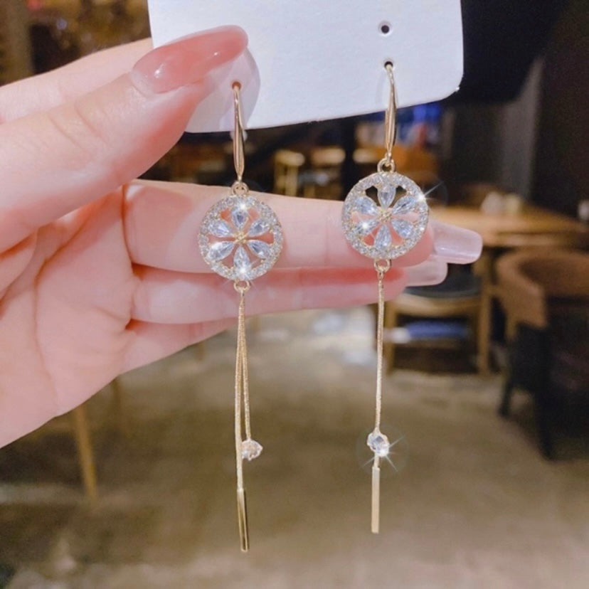 Crystal Flower Tassel Dangle Drop Earrings for Women