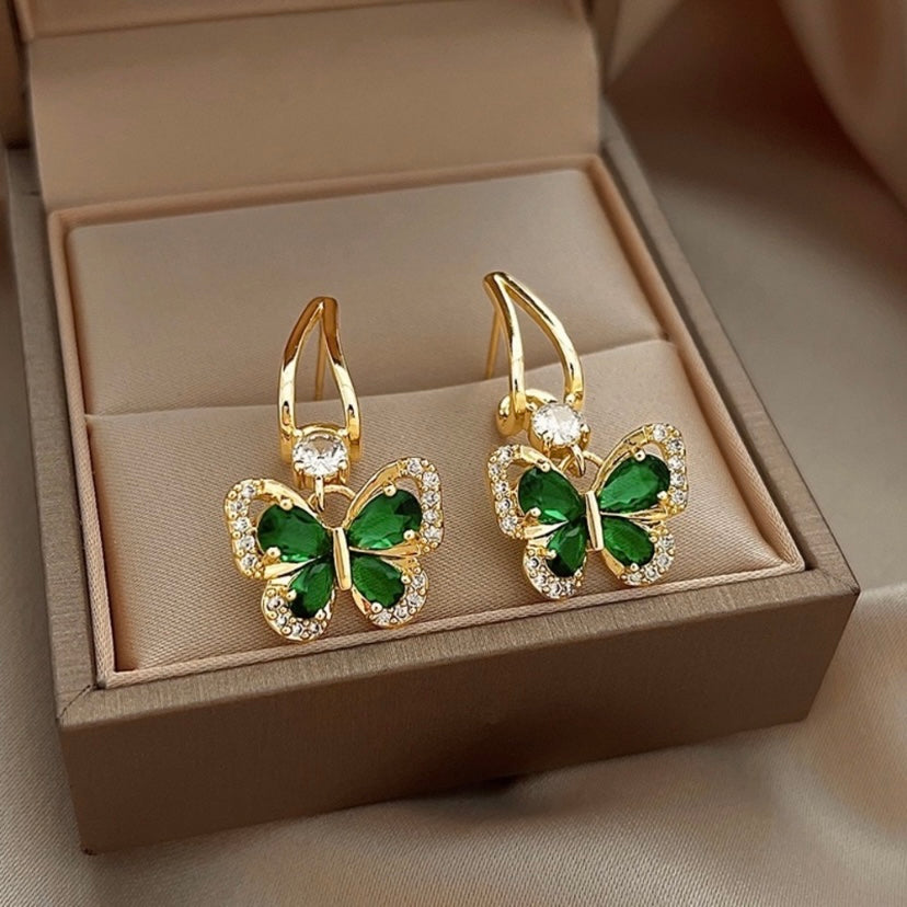 18K Gold Plated Green Crystal Butterfly Dangle Drop Earrings for Women