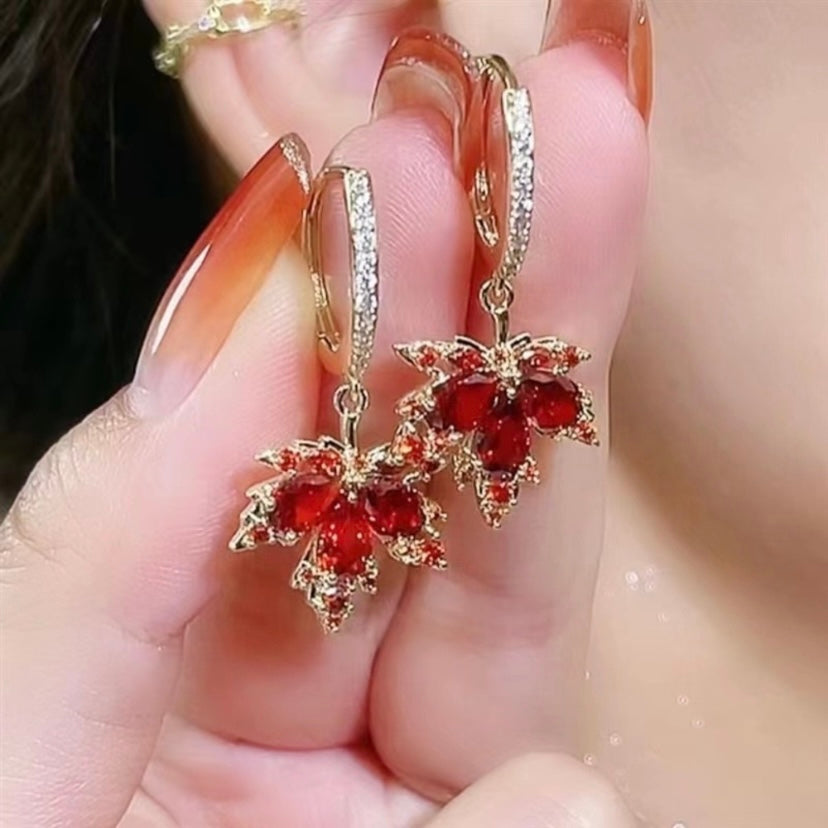 18K Gold Plated Crystal Maple Leaf Dangle Drop Earrings for Women