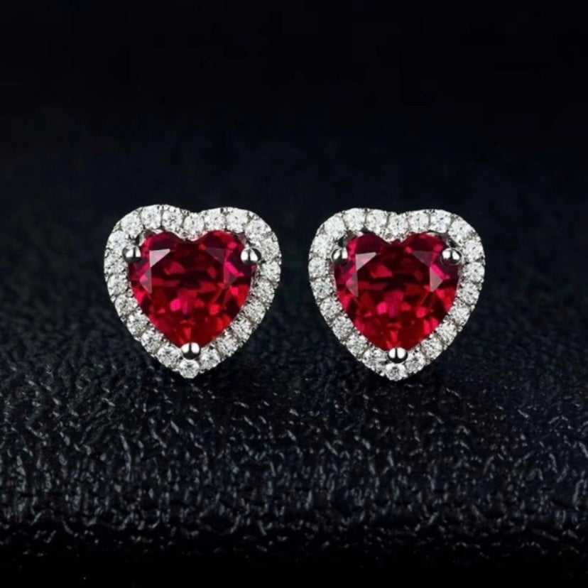 18K White Gold Plated CZ Ruby Love Heart Stud Earrings for Women