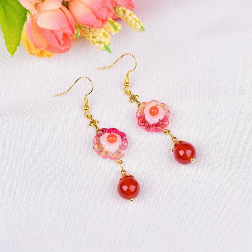 18K Gold Plated Red Agate Flower Dangle Drop Earrings for Women