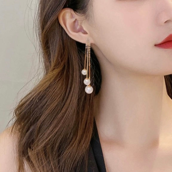 White Pearl Dangle Drop Tassel Earrings for Women