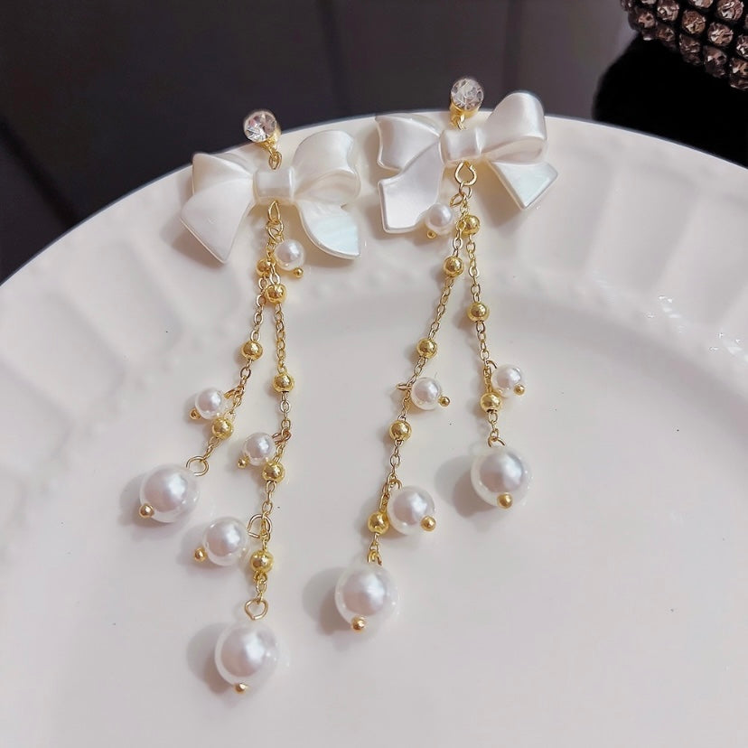 Elegant Bow White Pearl Dangle Drop Earrings for Women