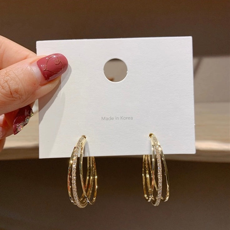 18K Gold Plated CZ Three Circles Open Hoop Earrings for Women