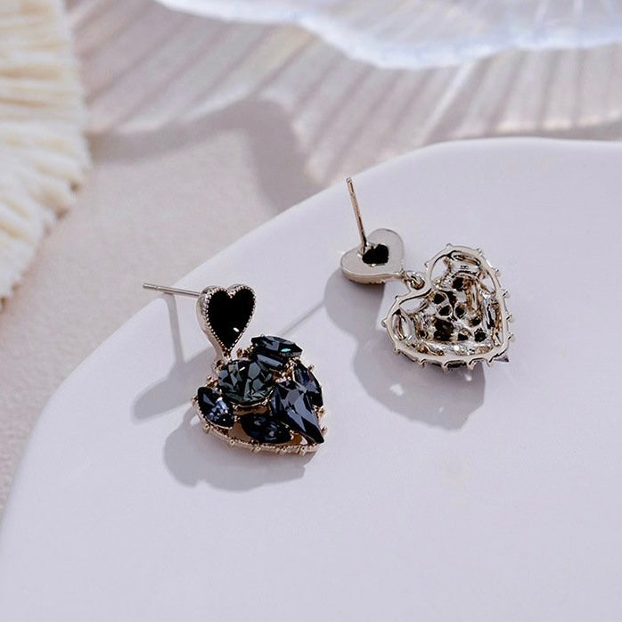 Black Crystal Love Heart Dangle Drop Earrings for Women