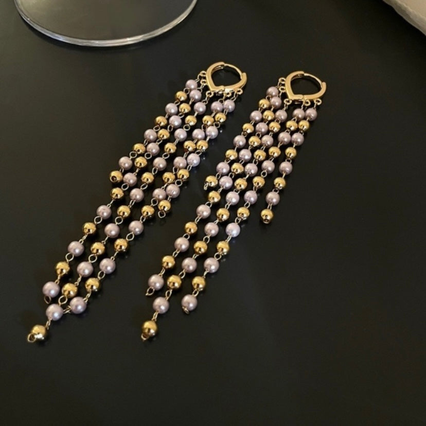 Pearl Long Tassel Dangle Drop Earrings for Women