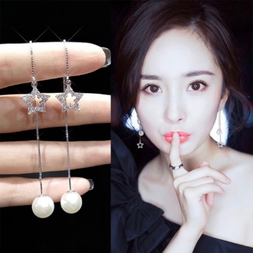 18K White Gold Plated Pearl Star Long Tassel Drop Threader Earrings for Women