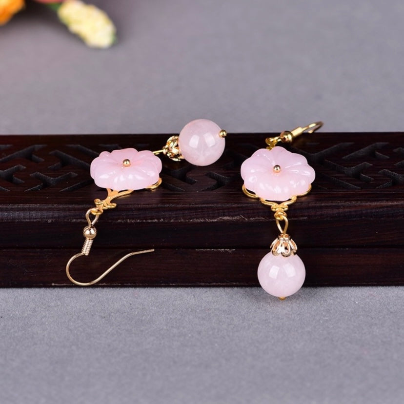 18K Gold Plated Pink Agate Flower Dangle Drop Earrings for Women