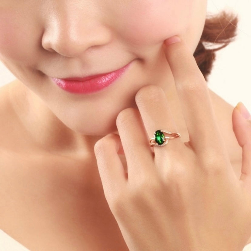 14K Rose Gold Plated Adjustable Birthstone Green Crystal Emerald Ring for Women