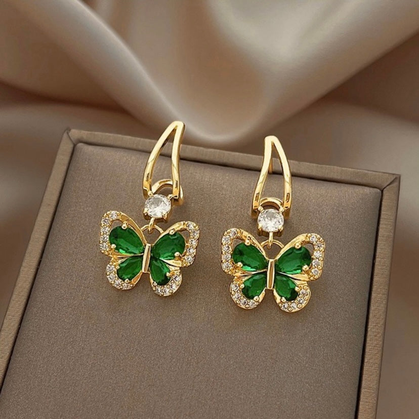 18K Gold Plated Green Crystal Butterfly Dangle Drop Earrings for Women