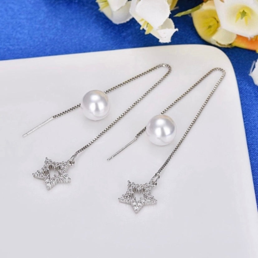 18K White Gold Plated Pearl Star Long Tassel Drop Threader Earrings for Women