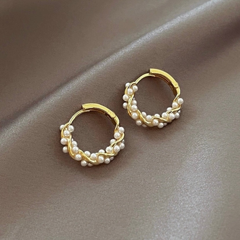 18K Gold Plated White Pearl Hoop Earrings for Women