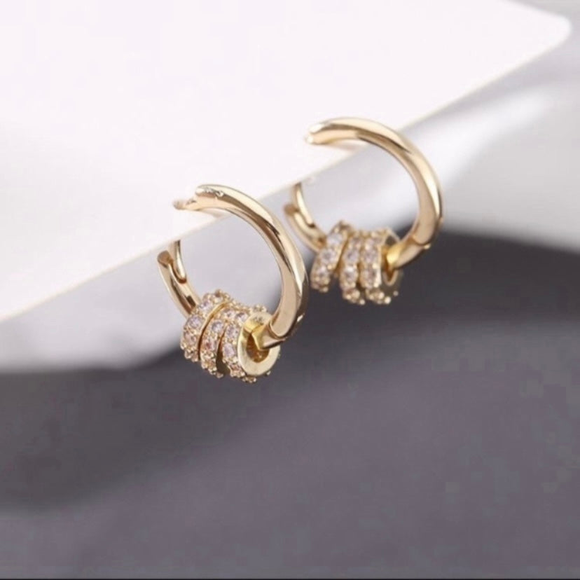 14K Gold Plated CZ Three Rings Small Hoop Earrings for Women