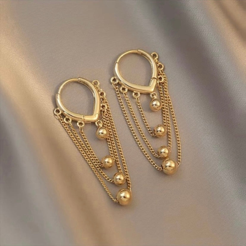 18K Gold Plated Metal Ball Tassel Chain Dangle Drop Earrings for Women