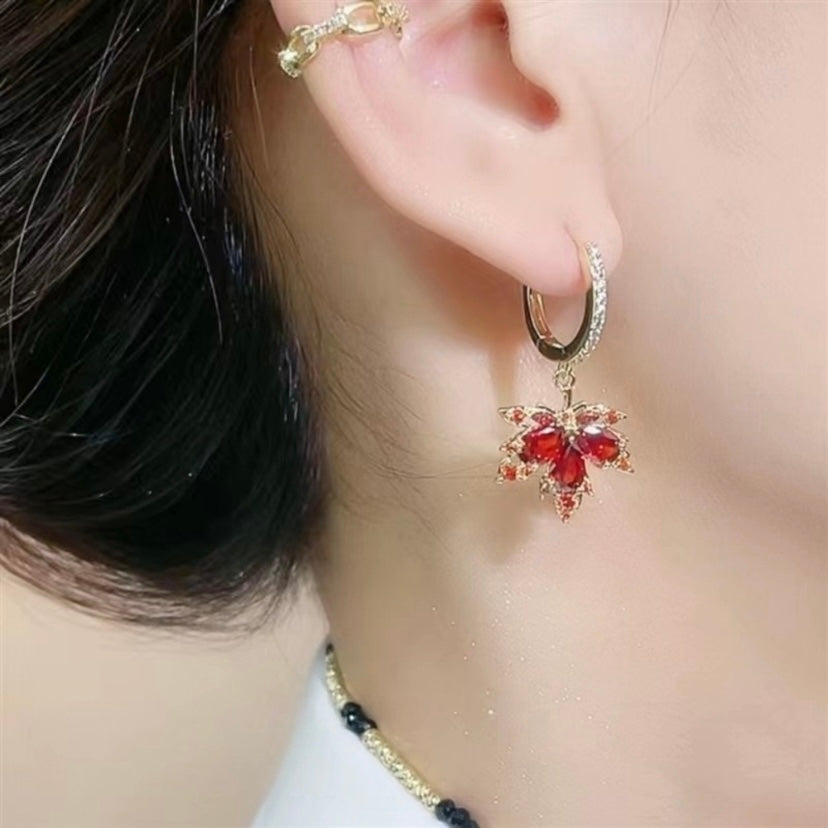 18K Gold Plated Crystal Maple Leaf Dangle Drop Earrings for Women