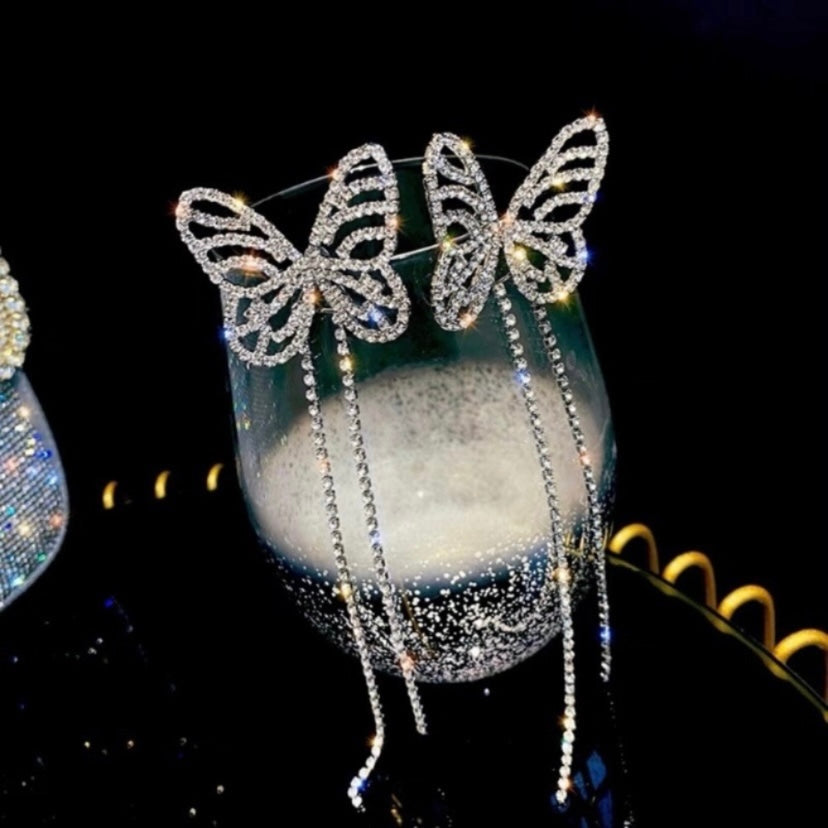925 Silver Plated CZ Butterfly Tassel Dangle Drop Earrings for Women