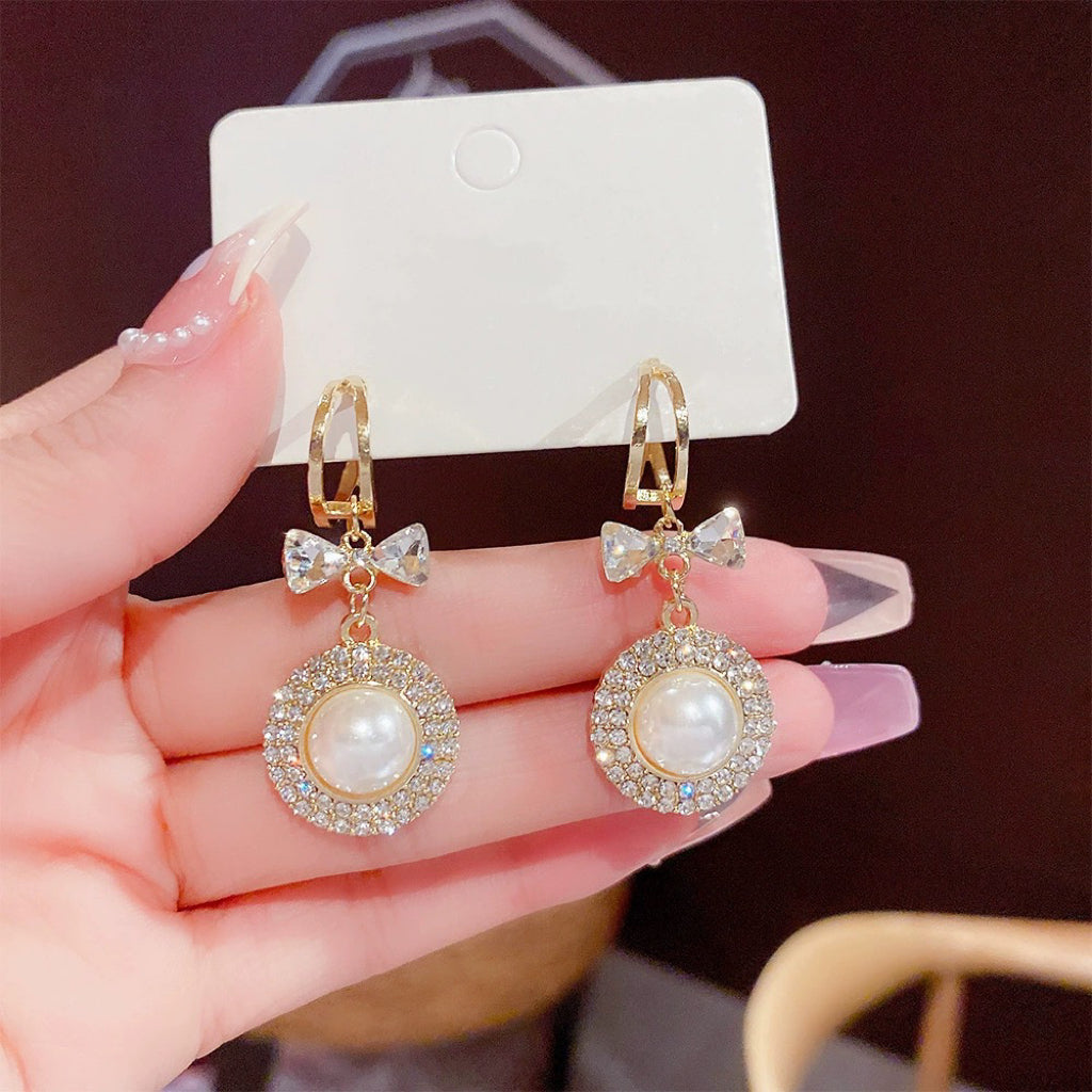 Women's Crystal Bow White Pearl Drop Dangle Earrings
