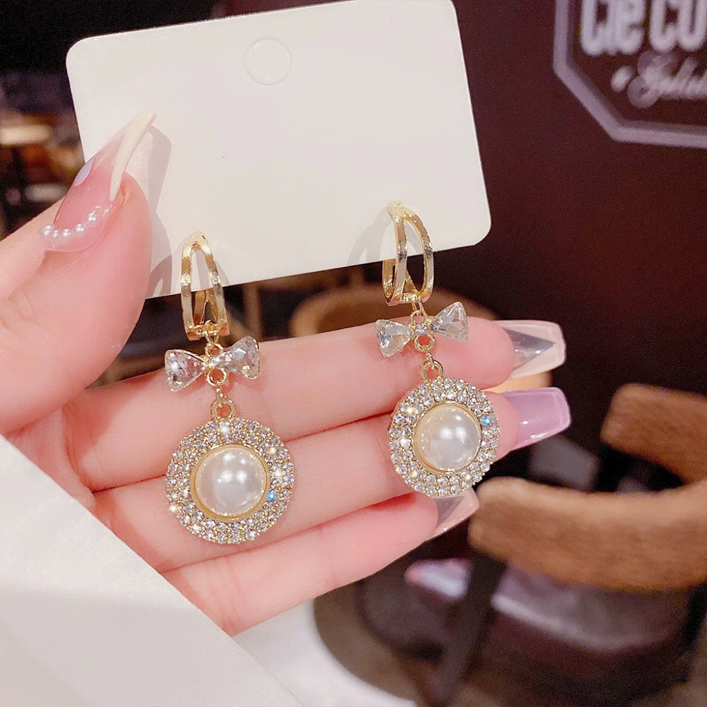 Women's Crystal Bow White Pearl Drop Dangle Earrings