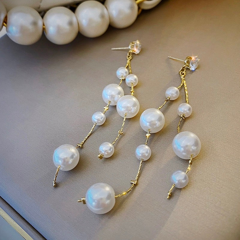 Women's White Pearl Long Tassel Dangle Drop Earrings