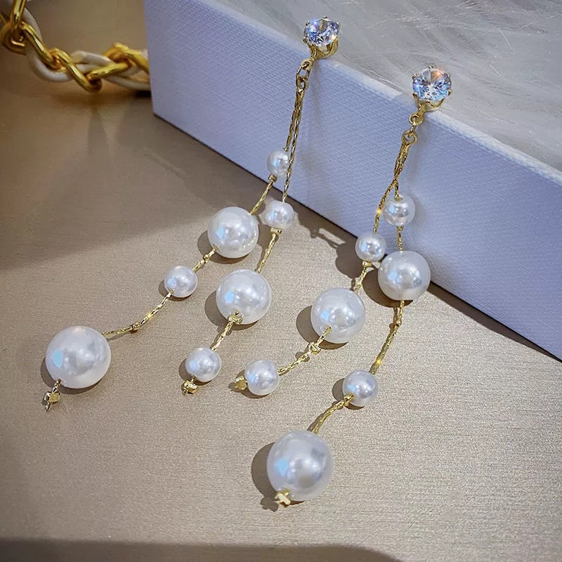 Women's White Pearl Long Tassel Dangle Drop Earrings