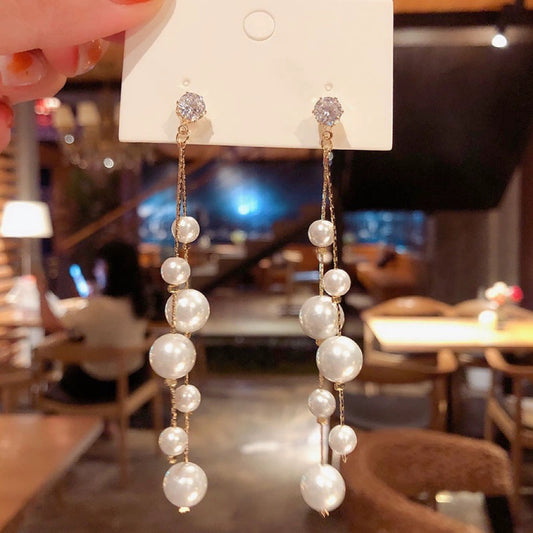 Women's White Pearl Long Tassel Dangle Drop Earrings