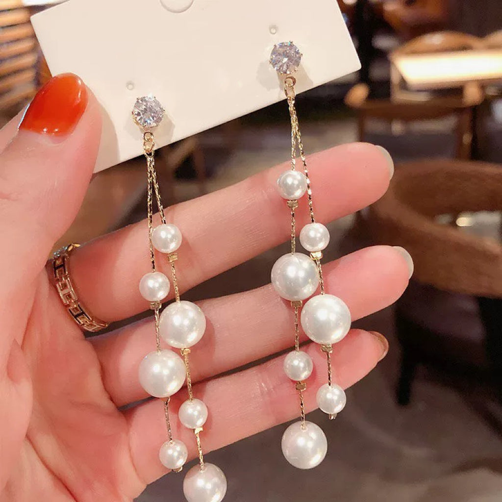 Women's White Pearl Long Tassel Dangle Drop Earrings